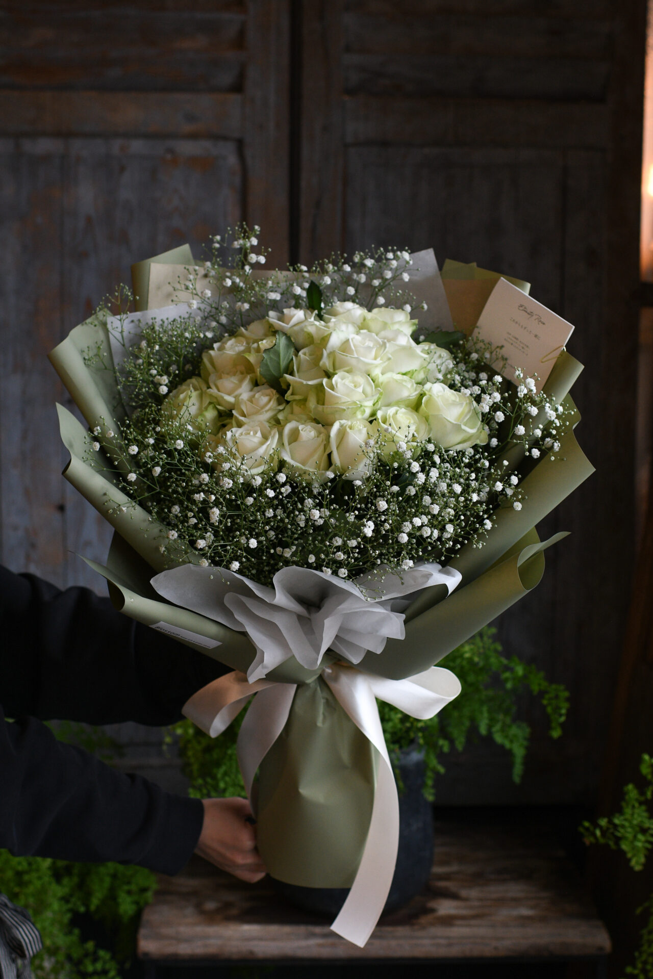 「ノーブルグリーン×白薔薇」プロポーズリングドレスブーケ